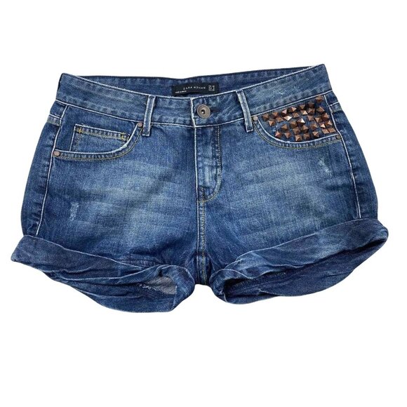 Zara Women Denim Shorts‎ Womens 6 Blue Distressed Studded Roll Hem - Picture 1 of 9
